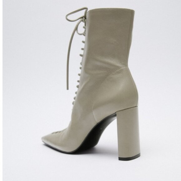 Zara Block Heel Gray Lace-Up Ankle Square Toe Sheepskin Boots - Picture 7 of 15